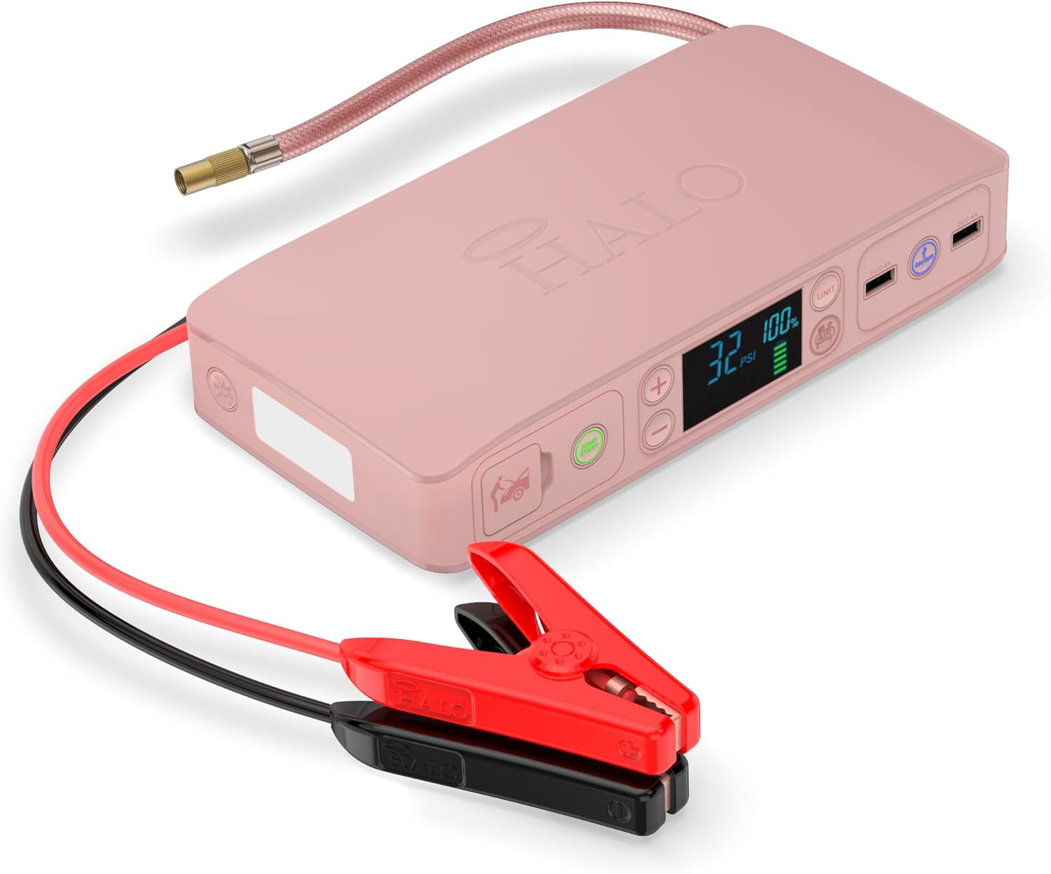 HALO Bolt Air+ 55500 Portable Car Battery Jump Starter | 100 PSI Air Compressor, 55.5Wh USB Power Bank, Emergency Floodlight & Charger, Jumps Cars SUVs & Trucks, Inflates Tires, TSA Approved  Rose