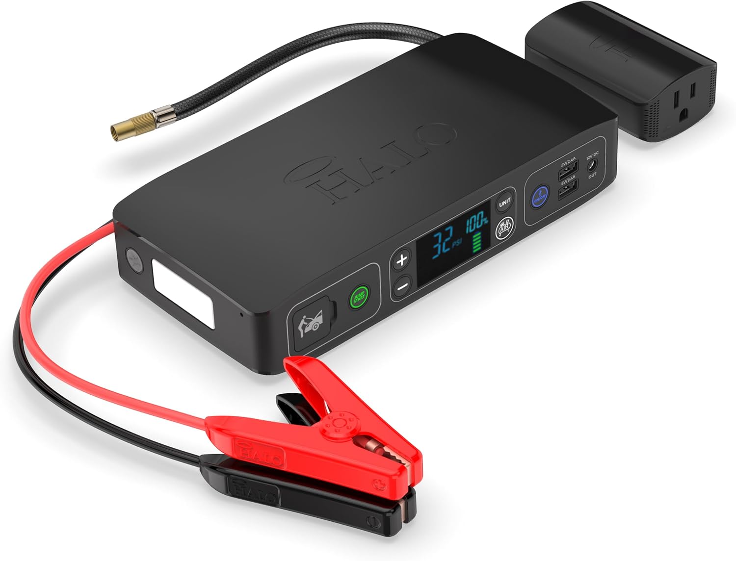 HALO Bolt Air+ AC 55500 Portable Car Battery Jump Starter | 100 PSI Air Compressor, 55.5Wh USB Power Bank with AC Outlet, Emergency Floodlight & Charger, Jump Cars SUVs & Trucks, Inflate Tires  Black