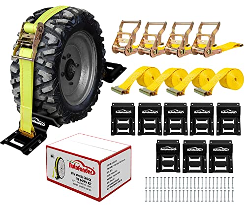 Wheel Chock Tie Down Kit (4,500lb Break Strength) Heavy Duty Trailer Tire Straps System for ATV, UTV, Lawn Mower & More - Ratchet Tie Downs Accessories with E Track for Four Wheeler