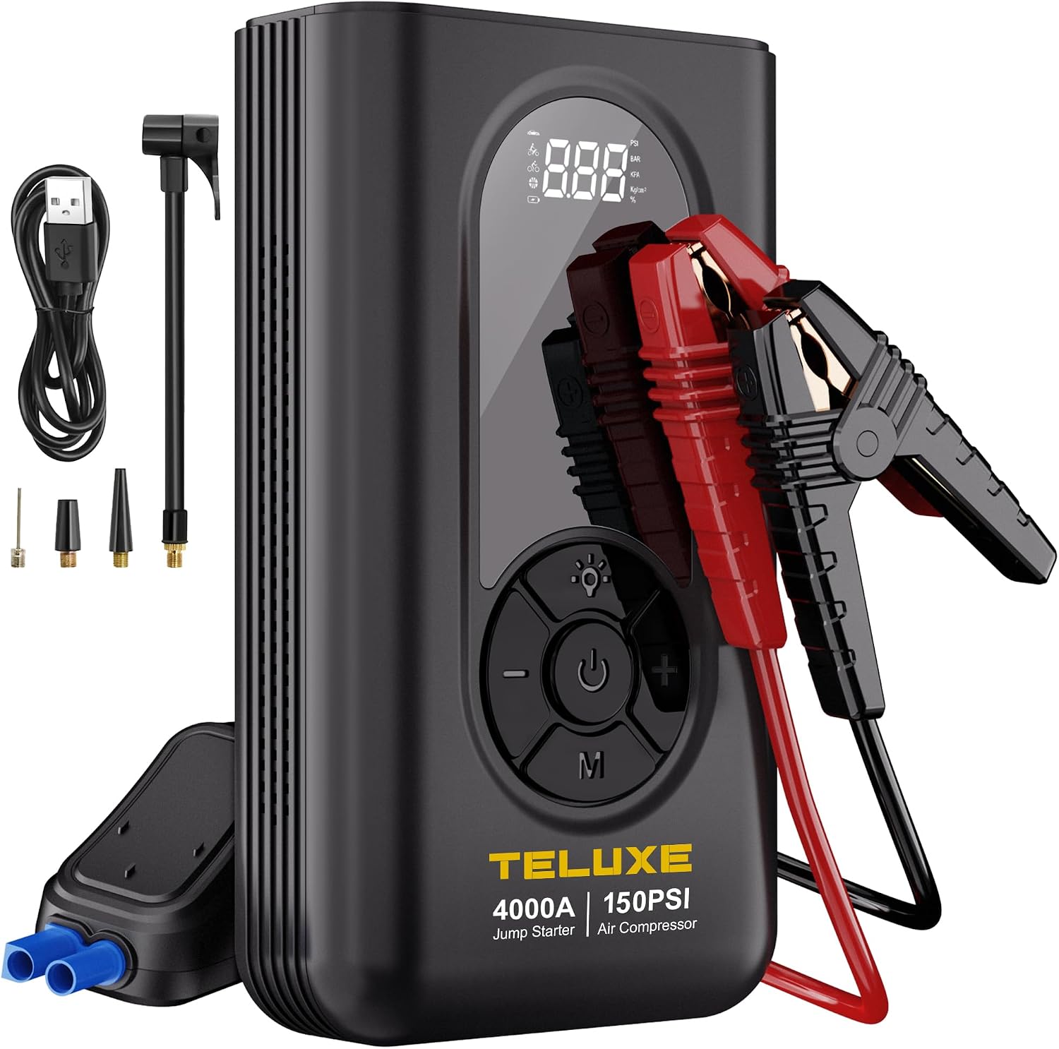 Portable Car Jump Starter with Air Compressor, 4000A 150PSI Car Battery Jump Starter (10.0 Gas/8.0L Diesel), 12V Jump Box Car Battery Jumper Starter Portable with Tire Inflator, LED Lights