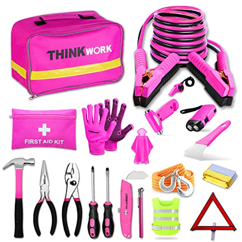 THINKWORK Car Emergency Kit for Teen Girl and Lady's Gifts, Pink Emergency Roadside Assistance kit with Pink Car Tool Set, 10FT Jumper, First Aid Kit, and More Ideal Pink Car Accessories Tool - E8