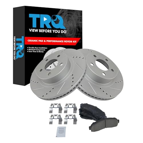TRQ Front Brake Pad & Rotor Kit Ceramic Premium G-Coated Slotted X Drilled Compatible with 02-03 Ford Explorer 01-03 Explorer Sport 01-05 Explorer Sport Trac 03-11 Ranger 03-09 Mazda B4000