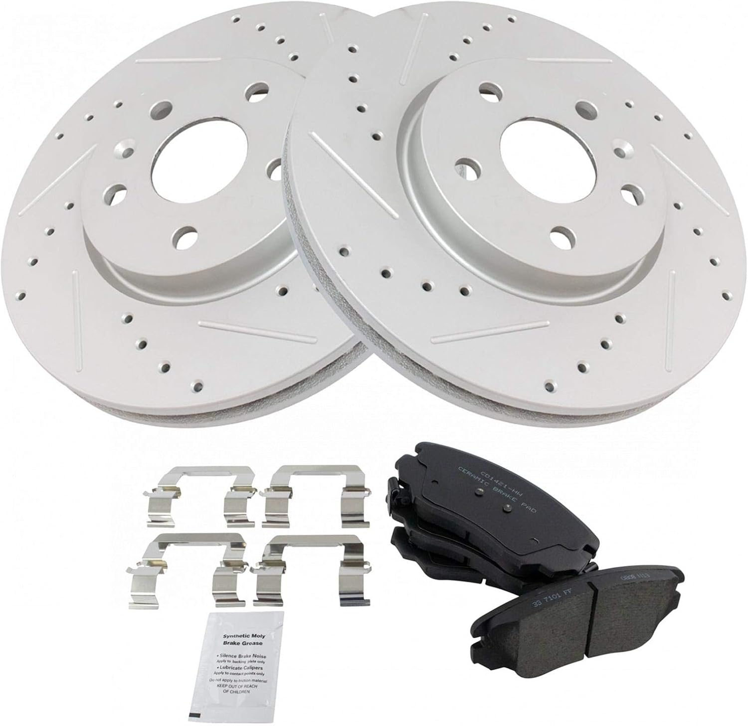 TRQ Front Brake Pad & Rotor Kit Slotted X Drilled Ceramic