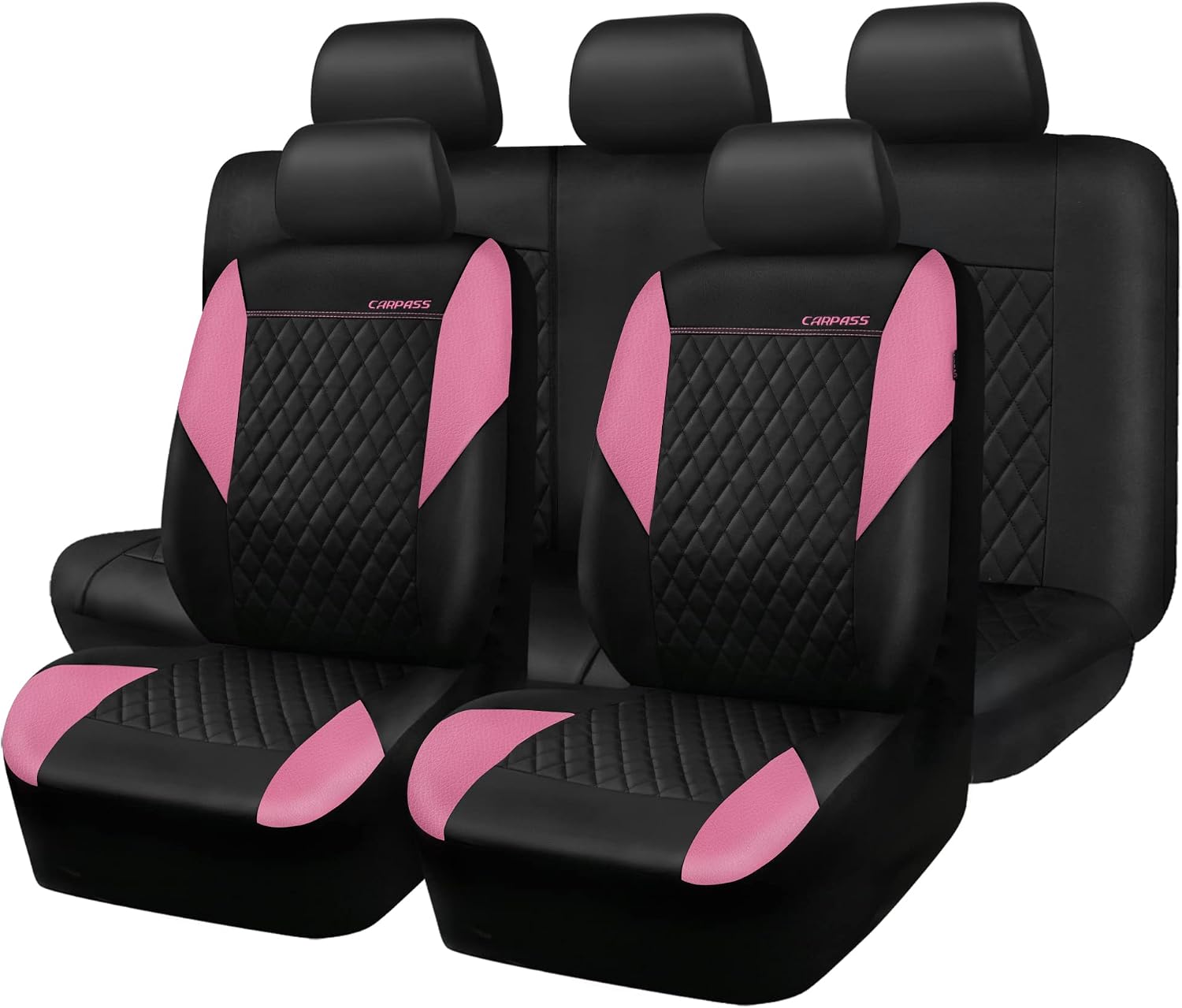 CAR PASS Pink Leather Seat Covers,Girly Quilting Pretty Cute Car Seat Cover with 5mm Composite Sponge Inside,Airbag Compatible, Universal Fit for Most Sedan,SUV,Vans(Full Set,Pink)