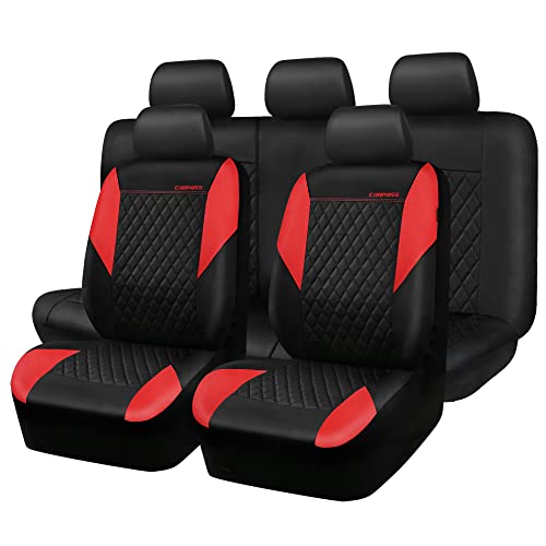 CAR PASS Red Leather Seat Covers Full Set-Universal Quilting Pretty Girly Car Seat Cover with 5mm Composite Sponge Inside,Airbag Compatible, Waterproof Delux Fit for Most Sedan,SUV,Cars (Full Set,Red)