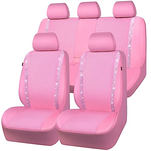 CAR PASS Bling Diamond Car Seat Covers Full Set, Shining Rhinestone Waterproof Faux Leather, Rear with Zipper, Universal Fit Automotive Glitter Crystal Sparkle Strips for Cute Women Girl, Pink