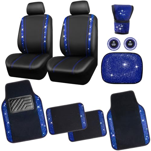 CAR PASS Bling Diamond Car Seat Covers Blue Rhinestone Black Leather Shining Car Floor Mats Carpet with Anti-Slip Nibs Shining Car Accessories Sets Glitter Sparkly Crystal Universal Fit for Girl Women
