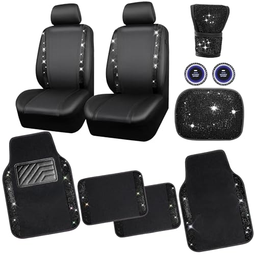 CAR PASS Bling Diamonds Car Seat Covers Front Seats Black Leather Shining Rhinestone Car Floor Mats Carpet with Anti-Slip Nibs Sparkly Glitter Crystal Car Accessories Set Universal for Girl Women