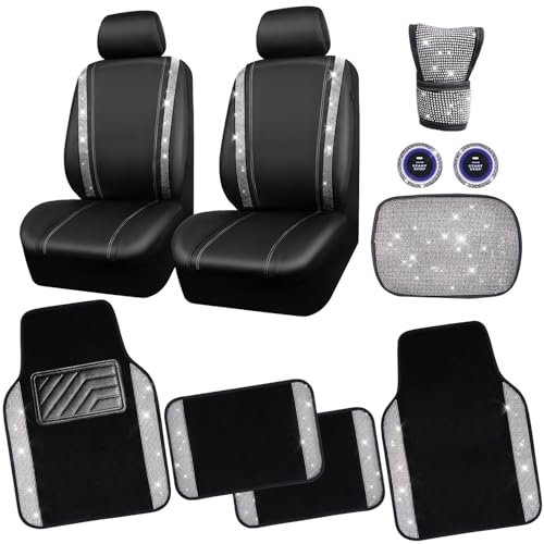 CAR PASS Rhinestone Bling Diamond Car Seat Covers Leather Shining Car Floor Mats Carpet Waterproof Anti-Slip Nibs Car Accessories Interior Sets for Women Silver Glitter White Sparkly Crystal