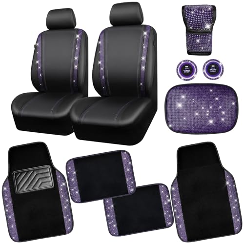 CAR PASS Bling Rhinestone Diamonds Car Seat Covers Leather Shining Rhinestone Car Floor mats Carpet with Anti-Slip Nibs Sparkly Car Accessories Sets Women Glitter Crystal Combo Set Violet Purple