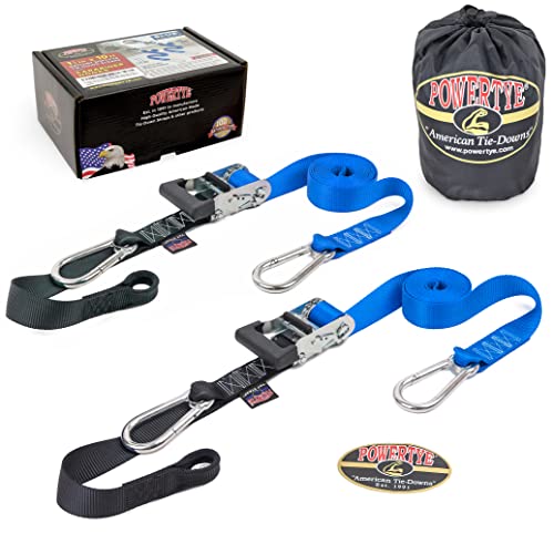 PowerTye - Made in USA - Extra Long Ratchet Tie Down Straps, Heavy Duty with Carabiner Hooks, Soft-Tye & Bag, for Motorcycle, ATV & Cargo, 1,000 lb WLL, 1.5 inch x 10ft Long, Blue/Black (Pair)
