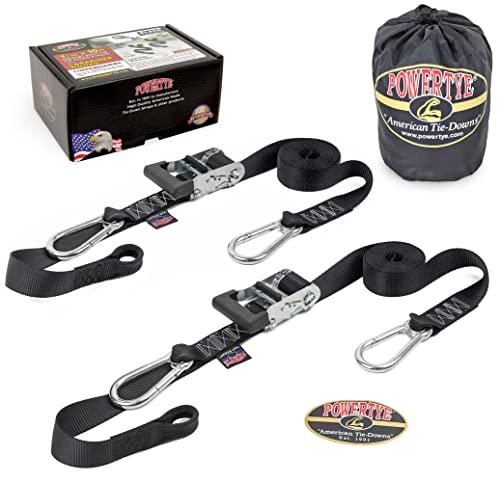 PowerTye - Made in USA - Extra Long Ratchet Tie Down Straps, Heavy Duty with Carabiner Hooks, Soft-Tye & Bag, for Motorcycle, ATV & Cargo, 1,000 lb WLL, 1.5 inch x 10ft Long, Black/Black (Pair)
