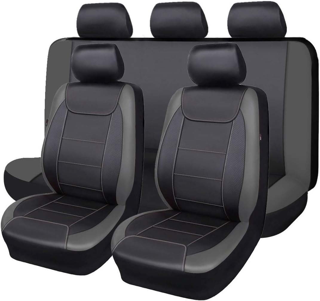 Flying Banner car seat Covers Protects Water Proof Faux Leather Carbon Fiber Front and Rear Bench (Black Gray, Full Set - 8PCS)