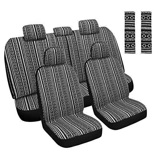 Baja Saddle Blanket Car Seat Covers Full Set with Seat Belt Pads, Washable Breathable Seat Covers for Cars, Universal Fit Interior Covers for Most Cars, Airbag Compatible, Black/White