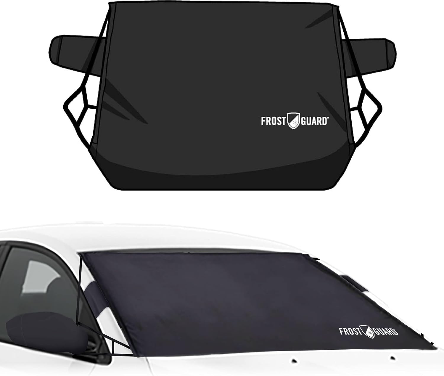 FrostGuard Deluxe | Full-Coverage Car Windshield Cover for Ice and Snow, Standard Size - Wiper Blade + Side Mirror Coverage - Fit-Fast Straps + Security Panels - Black, 41 x 59 Inches
