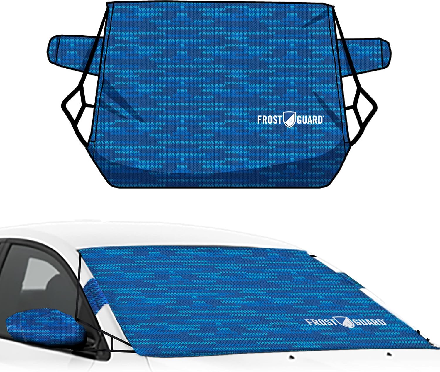 FrostGuard Deluxe | Full-Coverage Car Windshield Cover for Ice and Snow, Standard Size - Wiper Blade + Side Mirror Coverage - Fit-Fast Straps + Security Panels - Blue, 41 x 59 Inches