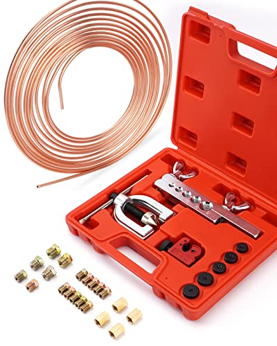 25 ft 3/16 Copper Coated Brake Line Kit (Includes 16 Fittings and 4 Unions Brake Line Fittings) + Double & Single Flaring Tool Kit