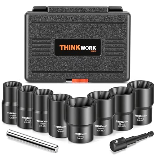 THINKWORK 1/2 Inch Drive Lug Nut Removal Tool, 10 Pieces Wheel Lock Removal Kit, Lug Nut Remover for Stripped, Rounded, Damaged, Frozen, Rusted Bolts