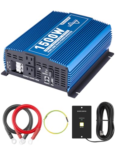 1500W Pure Sine Wave Power Inverter 12V DC to 110V AC Converter with 2 AC Outlets, USB Port and Remote Control, 1500 watt Car Inverter for Camping, Truck, RV, Off-Grid Solar System