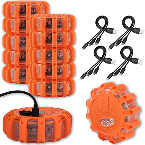 USB Rechargeable LED Road Flares Emergency Lights-Roadside Warning Car Safety Beacon Flashing Disc Flare Kit with Magnetic Base for Vehicles & Boat | 12 Beacon Disc Pack