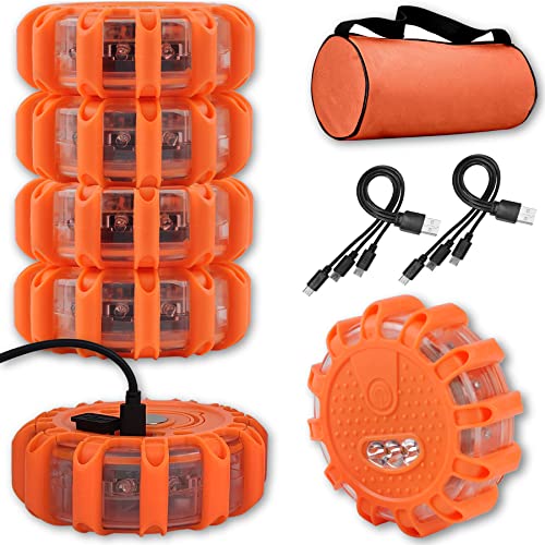 USB Rechargeable LED Road Flares Emergency Lights-Roadside Warning Car Safety Beacon Flashing Disc Flare Kit with Magnetic Base for Vehicles & Boat | 6 Beacon Disc Pack