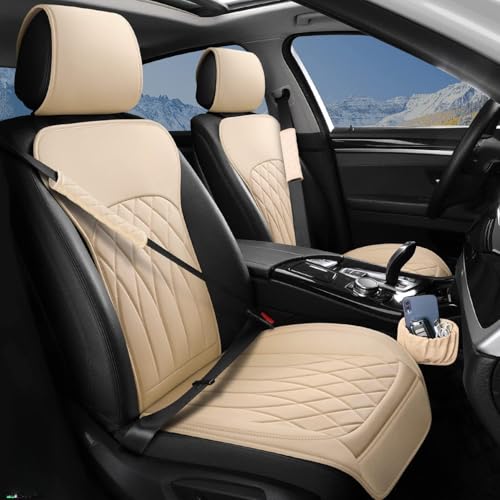 2 Pack Leather Front Car Seat Covers, Universal Sideless Car Seat Protectors with Storage Pocket and Seat Belt Pads, Waterproof Automotive Seat Cover for Cars Trucks SUV(Yellow Beige)