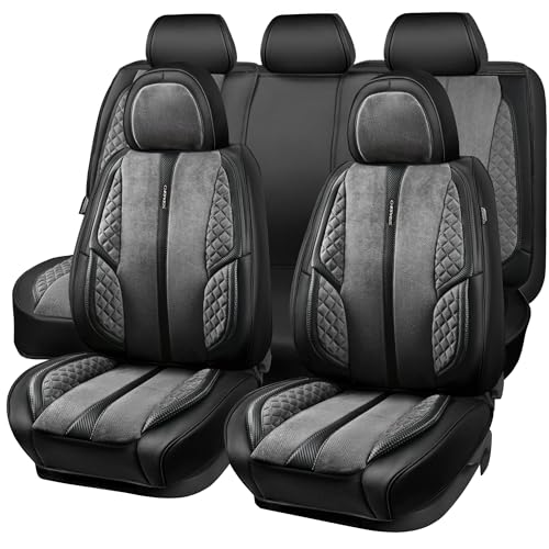 CAR PASS Suede Leather Seat Covers Full Set Soft Protector Durable Cushioned Warm in Winter Breath in Summer,Universal Sport Car Seat Cover Fit for Sedan SUV Pick-up Truck,Anti-Slip and Backseat(Grey)