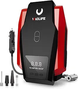 VacLife Tire Inflator Portable Air Compressor - Air Pump for Car Tires, 12V DC 100PSI Tire Pump for Bikes with LED Light, Digital Pressure Gauge, Car Accessories, Red (VL701)