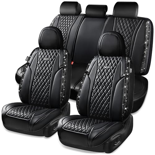 CAR Pass Bling Car Seat Covers, Microfiber Nappa Leather Luxury Cushioned, Waterproof Heavy-Duty Anti-Slip Universal Fit for Auto SUV Sedan, Sparkly Glitter Shining Rhinestone Full Set, Black Diamond