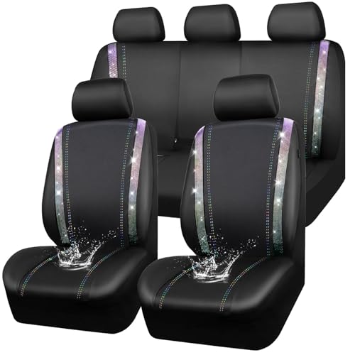 CAR PASS Bling Diamond Car Seat Covers Full Set, Shining Rhinestone Waterproof Faux Leather, Universal Fit Automotive Glitter Crystal Sparkle Strips for Cute Women Girl,Muticolor