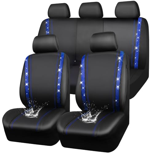 CAR PASS Bling Diamond Car Seat Covers Full Set, Shining Rhinestone Waterproof Faux Leather, Rear with Zipper, Universal Fit Automotive Glitter Crystal Sparkle Strips for Cute Women Girl, Blue