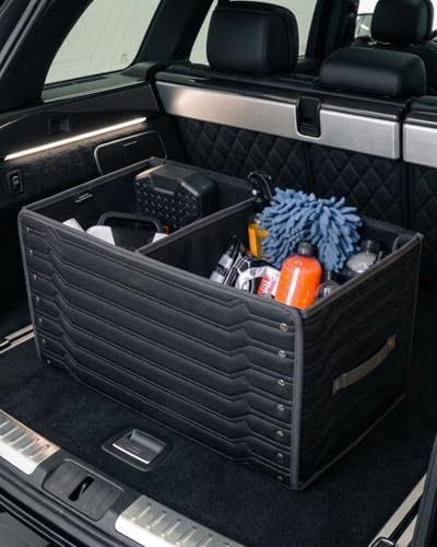 Trunk Storage 17.7" Collapsible Crate For Groceries, Tools & Travel Gear - Eco-Leather Car Organizer With Magnetic Lid - Practical Birthday Gift For Men (Highway 17)