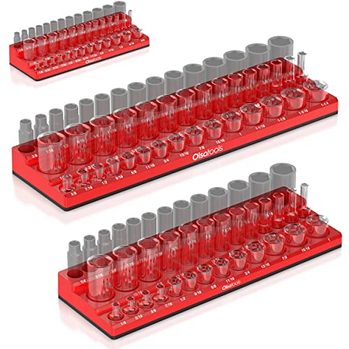 Olsa Tools Magnetic Socket Organizer | 3pc Socket Holder Kit | 1/2-Inch, 3/8-Inch, & 1/4-Inch Drive | Socket Organizers For Toolboxes | Red | Holds 123 | Professional-Grade Tool Organizer | Part 1560