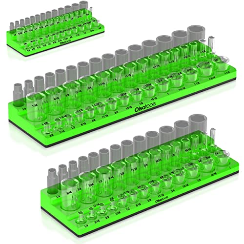 Olsa Tools Magnetic Socket Organizer | 3pc Socket Holder Kit | 1/2-Inch, 3/8-Inch, 1/4-Inch Drive | Socket Organizers For Toolboxes | Green | Holds 123 | Professional-Grade Tool Organizer | Part 1561