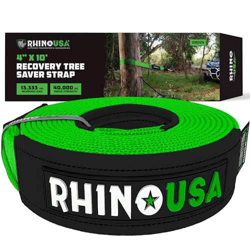 Rhino USA Tree Saver Tow Strap (4" x 10') - 40,320lb Break Strength - Emergency Recovery Strap Winch Extension for Truck, UTV, ATV & More - Heavy Duty Straps Compatible with Jeep, Ford, Toyota (Green)