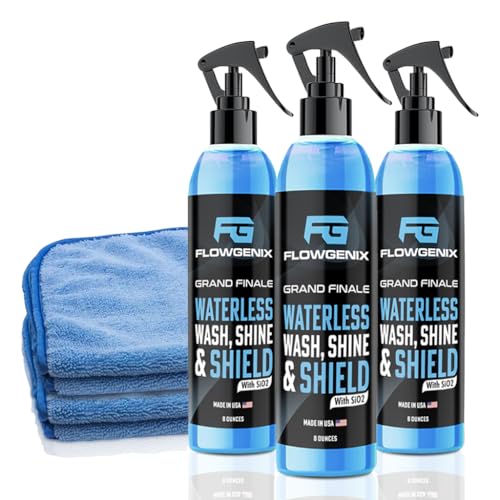 FlowgenixTM Waterless Car Wash Spray - Grand Finale - Motorcycle Cleaner & Car Wax Spray Polish (8 oz) - Ceramic Coating - Incl. 2 Microfiber Towels - Quick Detailer Spray (3-Pack)