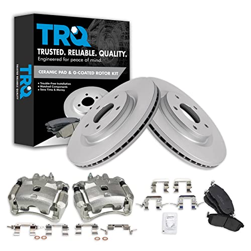 TRQ Front Brake Pad & Rotor Kit Brake Caliper Brake Pads Brake Rotor Ceramic Premium G-Coated Compatible with 2017-2019 Nissan Sentra