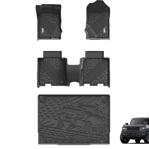 3W Floor Mats & Cargo Liner Fit for 2021-2024 2025 Ford Bronco 4 Door, TPE All Weather Custom Fit Floor Liner 1st 2nd Row and Full Set Trunk Mats, Black (Not for Bronco Sport & Rubberized Floor)