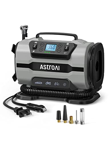 AstroAI Tire Inflator Portable Air Compressor Pump 150PSI 12V DC/110V AC with Dual Metal Motors&LED Light, Automotive Car Accessories&Two Modes for Car, Bicycle Tires and Air Mattresses, Gray