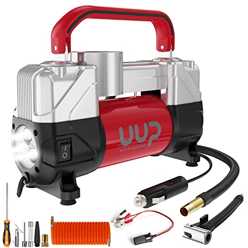 Tire Inflator Air Compressor, 150PSI 12V DC Double Cylinders Heavy Duty Portable Air Pump w/Emergency LED Light for Truck, SUV, Car, RV (red)