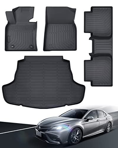 2024 2023 for Toyota Camry 8th Floor Mats, 2022 2021 2020 2019 2018, TPE All Weather Protection Waterproof Anti-Slip Front & 2nd Seat & Rear Trunk Mat(Not Fit for Hybrid or AWD), Car Accessories