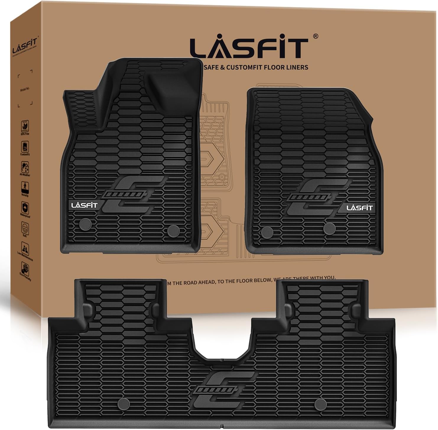 LASFIT Floor Mats for Ford Mustang Mach-E 2021-2025 TPE All Weather Protector Car Liners, 1st & 2nd Row, 3pcs Black