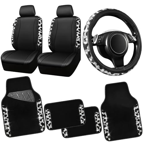 CAR PASS Leather Cow Bling Diamond Car Seat Covers (7pc set)