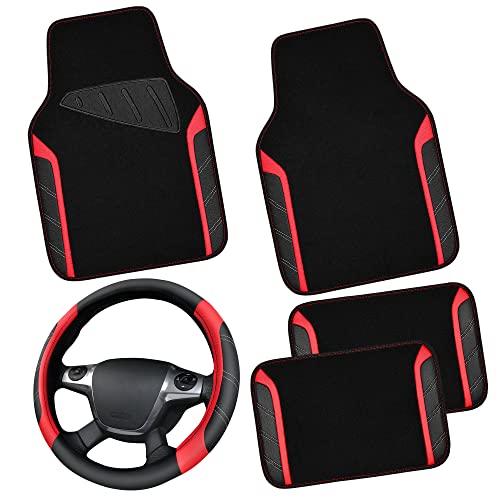 CAR PASS Leather Steering Wheel Cover and Waterproof Car Floor Mats,Microfiber Universal Car Combo Fit for 95% Sedan,SUV,Cars,14.5-15inch Sporty Anti-Slip Safety Comfortable Design(Black&Red)