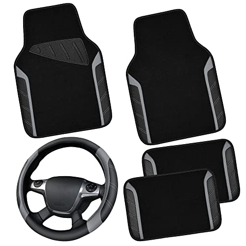 CAR PASS Leather Steering Wheel Cover and Waterproof Car Floor Mats,Microfiber Universal Car Combo Fit for 95% Sedan,SUV,Cars,14.5-15inch Sporty Anti-Slip Safety Comfortable Design(Black&Gray)