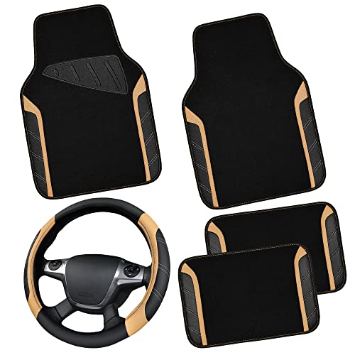 CAR PASS Microfiber Steering Wheel Cover and Waterproof Car Floor Mats,Leather Universal Car Combo Fit for 95% Truck,SUV,Cars,14.5-15inch Sporty Anti-Slip Safety Comfortable Design(Black and Beige)