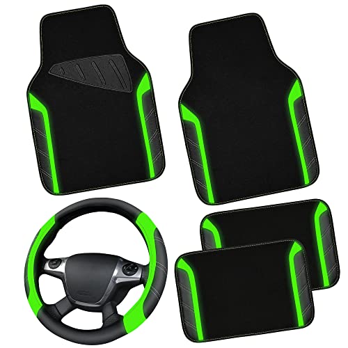 CAR PASS Leather Steering Wheel Cover and Waterproof Car Floor Mats (Green)