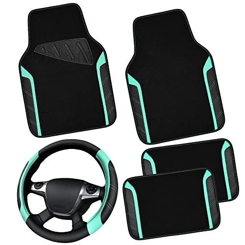 CAR PASS Leather Steering Wheel Cover and Waterproof Car Floor Mats,Microfiber Universal Car Combo Fit for 95% Sedan,SUV,Cars,14.5-15inch Sporty Anti-Slip Safety Comfortable Design(Black&Mint)