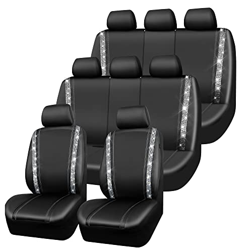 CAR PASS Bling Diamond Car Seat Covers, Shining Rhinestones Waterproof Faux Leather, 8 Seats 3 Rows with Zipper Glitter Crystal Sparkle Strips Universal Fit 95% MPV,SUV,CAR for Women Girl, Silver