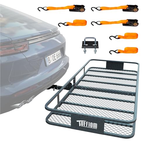 TUFFIOM 60"x24"x6" Folding Hitch Mount Cargo Carrier Basket, 500lbs Steel Car Cargo Trailer Hitch Luggage Rack, w/Hitch Lock+Password Lock+Net+Waterproof Cargo Bag+Straps+Stabilizer for SUV Truck Van